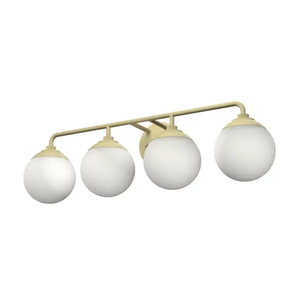 The Hepburn vanity light brings 1920s theater grandeur to modern bathrooms with geometric mid-century forms. Cased white glass creates flattering, diffused illumination perfect for grooming tasks while the modern brass finish adds warmth.