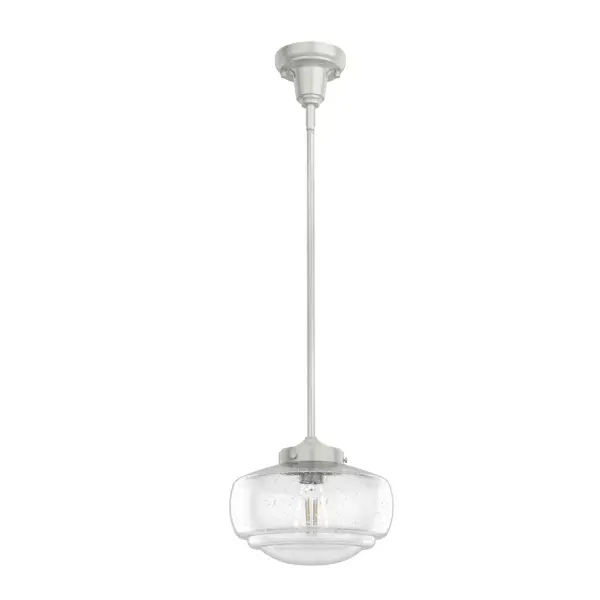 Traditional design. Elevated elements. The Saddle Creek mini pendant draws inspiration from the iconic American schoolhouse light but adds an updated touch with subtle detailing in the glass shade. For those who want all-in-one light fixtures, this schoolhouse-inspired mini pendant can also be installed as a semi-flush mount lighting. Rated for indoor use only Requires 1 E26 bulbs. Bulbs not included. MADE FOR INDOORS: For use in indoor spaces like kitchens, bedrooms, living rooms, dining rooms, and entryways. BULB RECOMMENDATION: Maximum 60 W per light bulb or equivalent LED bulb. Bulbs not included. PICTURED HERE: Match our image using ST64 Edison light bulbs. CUSTOMIZABLE HANGING OPTIONS: With the minimum required downrod, the hanging length is 11.25 inches. When using all of the included downrod, the maximum hanging length is 70 inches. WARRANTY: One-year limited warranty backed by the trusted experts at Hunter.