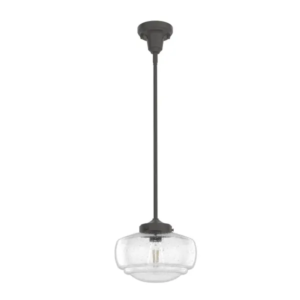 Traditional design. Elevated elements. The Saddle Creek mini pendant draws inspiration from the iconic American schoolhouse light but adds an updated touch with subtle detailing in the glass shade. For those who want all-in-one light fixtures, this schoolhouse-inspired mini pendant can also be installed as a semi-flush mount lighting. Rated for indoor use only Requires 1 E26 bulbs. Bulbs not included. MADE FOR INDOORS: For use in indoor spaces like kitchens, bedrooms, living rooms, dining rooms, and entryways. BULB RECOMMENDATION: Maximum 60 W per light bulb or equivalent LED bulb. Bulbs not included. PICTURED HERE: Match our image using ST64 Edison light bulbs. CUSTOMIZABLE HANGING OPTIONS: With the minimum required downrod, the hanging length is 11.25 inches. When using all of the included downrod, the maximum hanging length is 70 inches. WARRANTY: One-year limited warranty backed by the trusted experts at Hunter. - alternate view