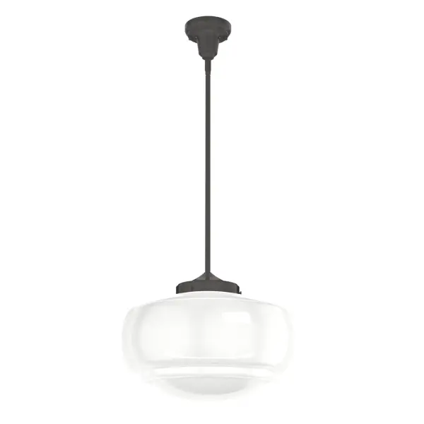 A classic lighting design reimagined. The Saddle Creek Large pendant draws inspiration from the iconic American schoolhouse light but elevates it with subtle detailing in the glass shade. For those who like flexibility with their lighting, this large pendant can also be installed as a semi-flush mount light fixture. Mix and match with other fixtures from this collection or from our ceiling fan designs. Rated for indoor use only Requires 1 E26 bulbs. Bulbs not included. MADE FOR INDOORS: For use in indoor spaces like kitchens, bedrooms, living rooms, dining rooms, and entryways. BULB RECOMMENDATION: Maximum 60 W per light bulb or equivalent LED bulb. Bulbs not included. CUSTOMIZABLE HANGING OPTIONS: With the minimum required downrod, the hanging length is 15.5 inches. When using all of the included downrod, the maximum hanging length is 71 inches. WARRANTY: One-year limited warranty backed by the trusted experts at Hunter. - alternate view