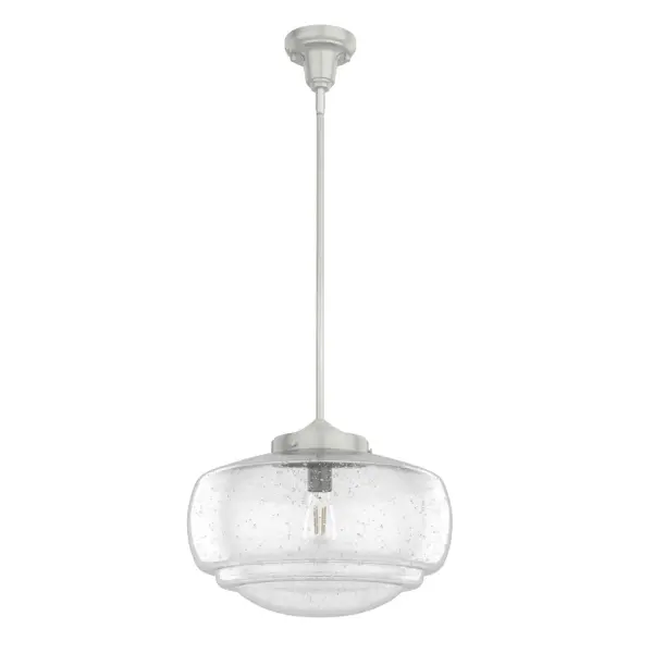 A classic lighting design reimagined. The Saddle Creek large pendant draws inspiration from the iconic American schoolhouse light but elevates it with subtle detailing in the glass shade. For those who like flexibility with their lighting, this large pendant can also be installed as a semi-flush mount light fixture. Mix and match with other fixtures from this collection or from our ceiling fan designs. Rated for indoor use only Requires 1 E26 bulbs. Bulbs not included. MADE FOR INDOORS: For use in indoor spaces like kitchens, bedrooms, living rooms, dining rooms, and entryways. BULB RECOMMENDATION: Maximum 60 W per light bulb or equivalent LED bulb. Bulbs not included. PICTURED HERE: Match our image using ST64 Edison light bulbs. CUSTOMIZABLE HANGING OPTIONS: With the minimum required downrod, the hanging length is 15.5 inches. When using all of the included downrod, the maximum hanging length is 71 inches. WARRANTY: One-year limited warranty backed by the trusted experts at Hunter. - alternate view