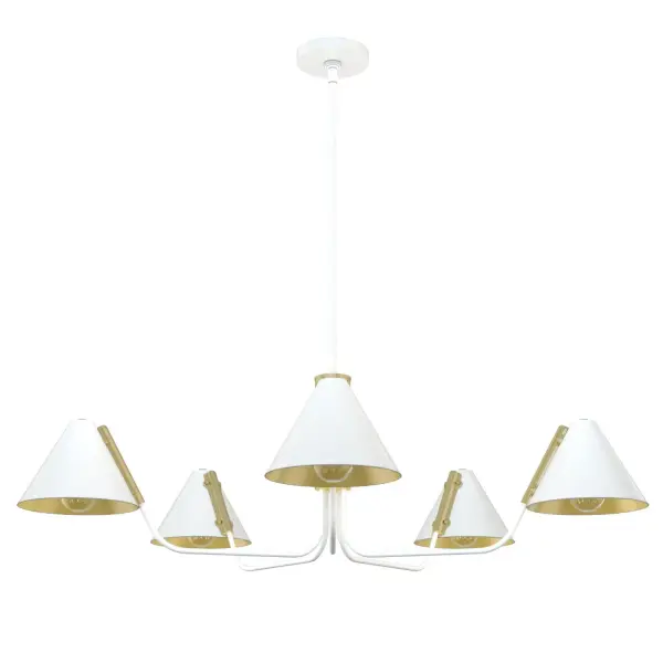 The Grove Isle transforms your simple spaces into shining showcases. The pop of metallic finish in the open light shades adds the perfect amount of luster that complements the classic finishes. This round chandelier is an updated take on the retro pharmacy headlight fixture, utilizing clean lines and geometric forms for a look that's modern and playful. Mix and match with fans from our ceiling fan collections to fully finish your space. Rated for indoor use only Requires 5 E26 bulbs. Bulbs not included. MADE FOR INDOORS: For use in indoor spaces like kitchens, bedrooms, living rooms, dining rooms, and entryways. BULB RECOMMENDATION: Maximum 60 W per light bulb or equivalent LED bulb. Bulbs not included. PICTURED HERE: Match our image using A19 Standard light bulbs. CUSTOMIZABLE HANGING OPTIONS: With the minimum required downrod, the hanging length is 20.5 inches. When using all of the included downrod, the maximum hanging length is 68.5 inches. WARRANTY: One-year limited warranty backed by the trusted experts at Hunter. - alternate view