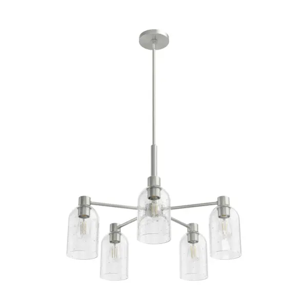 The Lochemeade chandelier delivers sophisticated modern style with its clean-lined steel frame and seeded glass shades. At 26 inches wide, it's perfectly proportioned for medium dining spaces and kitchen islands. The brushed nickel finish adds versatility while Edison-style bulbs create warm, inviting ambiance.