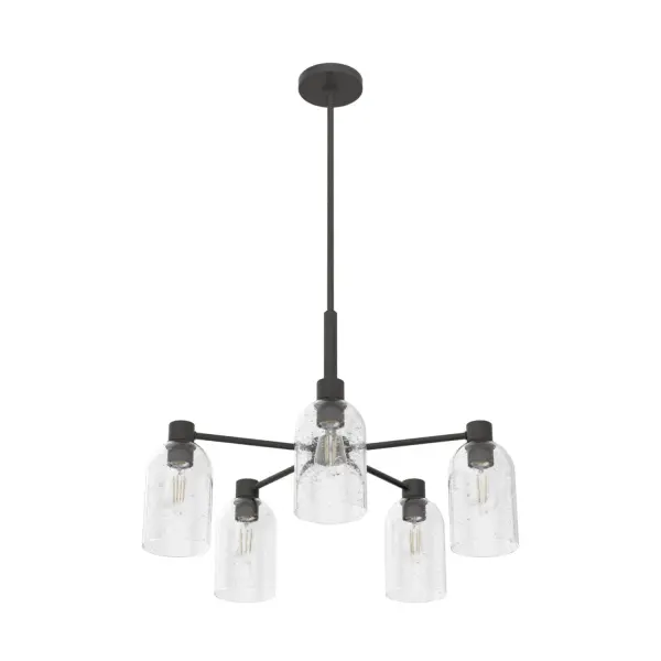 Illuminate your space with the Lochemeade 5-Light Chandelier, a beacon of modern elegance designed for the indoor sophisticate. This single-tier masterpiece blends minimalist aesthetics with functional brilliance, creating a warm, inviting atmosphere perfect for contemporary settings. Its sleek lines and refined silhouette cater to those with an eye for design, setting the stage for moments of chic sophistication. With the Lochemeade, transform your interior into a showcase of modern luxury and style. Rated for indoor use only Requires 5 E26 bulbs. Bulbs not included. MADE FOR INDOORS: For use in indoor spaces like kitchens, bedrooms, living rooms, dining rooms, and entryways. BULB RECOMMENDATION: Maximum 60 W per light bulb or equivalent LED bulb. Bulbs not included. PICTURED HERE: Match our image using ST64 Edison light bulbs. CUSTOMIZABLE HANGING OPTIONS: With the minimum required downrod, the hanging length is 27.5 inches. When using all of the included downrod, the maximum hanging length is 75.5 inches. WARRANTY: One-year limited warranty backed by the trusted experts at Hunter. - alternate view