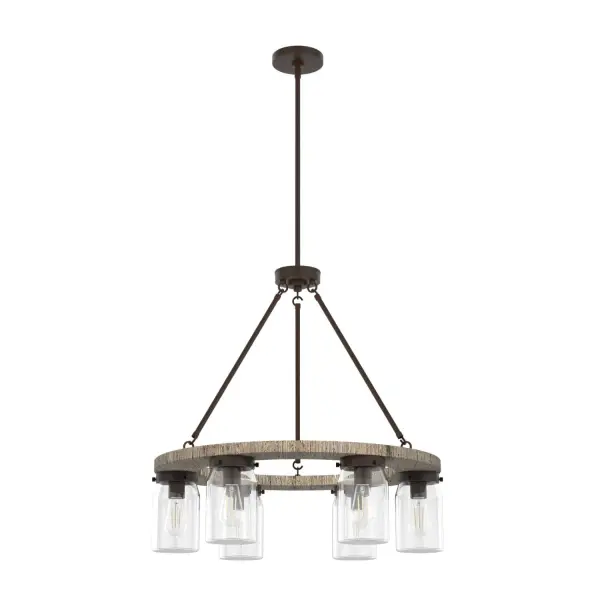 Simply charming, the Devon Park round chandelier's rustic wood finishes and ball jar-inspired glass shades create a look perfect for rustic and farmhouse-style spaces. This chandelier provides an opportunity for ample lighting. The warm glow from Edison LED bulbs creates a welcoming ambiance in your space. Mix and match with other fixtures from this collection or from our ceiling fan designs. Rated for indoor use only Requires 6 E26 bulbs. Bulbs not included. MADE FOR INDOORS: For use in indoor spaces like kitchens, bedrooms, living rooms, dining rooms, and entryways. BULB RECOMMENDATION: Maximum 60 W per light bulb or equivalent LED bulb. Bulbs not included. PICTURED HERE: Match our image using ST64 Edison light bulbs. CUSTOMIZABLE HANGING OPTIONS: With the minimum required downrod, the hanging length is 35 inches. When using all of the included downrod, the maximum hanging length is 83 inches. COORDINATING COLLECTION: Works with Devon Park ceiling fan collection WARRANTY: One-year limited warranty backed by the trusted experts at Hunter. - alternate view