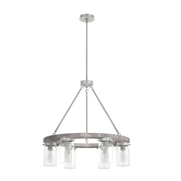 The Devon Park chandelier perfectly blends rustic wood accents with industrial-style ball jar glass shades and brushed nickel finish. Six Edison LED bulbs create warm, inviting ambiance ideal for farmhouse and transitional spaces.
