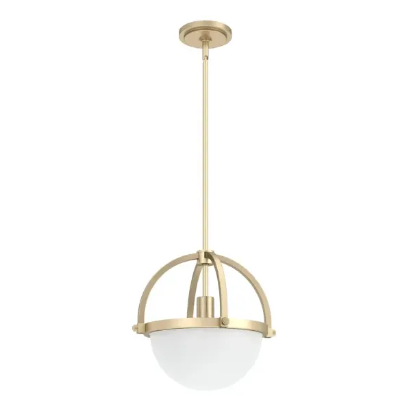 The traditional globe pendant light gets a modern makeover. The Wedgefield small pendant light is classically proportioned, but we added a twist. The bottom half features cased white glass that beautifully diffuses light while the top half is open and uses decorative arms to artfully embrace the negative space. The result is stately yet simply lovely. Mix and match with other fixtures from this collection or from our ceiling fan designs. Rated for indoor use only Requires 1 E26 bulbs. Bulbs not included. TRADITIONAL: History, glamour, layering. Includes 4 12 inch stems and one 6 inch stem. MADE FOR INDOORS: For use in indoor spaces like kitchens, bedrooms, living rooms, dining rooms, and entryways. BULB RECOMMENDATION: Maximum 60 W per light bulb or equivalent LED bulb. Bulbs not included. PICTURED HERE: Match our image using ST64 Edison light bulbs. CUSTOMIZABLE HANGING OPTIONS: With the minimum required downrod, the hanging length is 21.25 inches. When using all of the included downrod, the maximum hanging length is 69.25 inches. TRADITIONAL: Layering color and texture, traditional design brings a sense of history and glamour to a space. WARRANTY: One-year limited warranty backed by the trusted experts at Hunter.