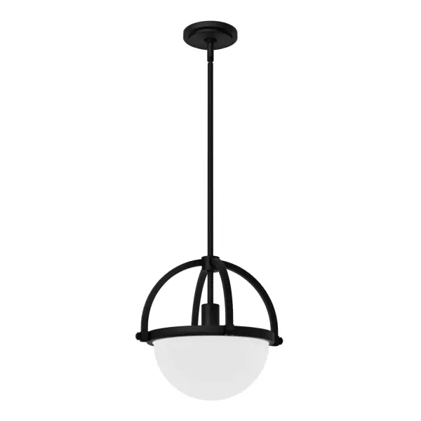 The traditional globe pendant light gets a modern makeover. The Wedgefield small pendant light is classically proportioned, but we added a twist. The bottom half features cased white glass that beautifully diffuses light while the top half is open and uses decorative arms to artfully embrace the negative space. The result is stately yet simply lovely. Mix and match with other fixtures from this collection or from our ceiling fan designs. Rated for indoor use only Requires 1 E26 bulbs. Bulbs not included. TRADITIONAL: History, glamour, layering. Includes 4 12 inch stems and one 6 inch stem. MADE FOR INDOORS: For use in indoor spaces like kitchens, bedrooms, living rooms, dining rooms, and entryways. BULB RECOMMENDATION: Maximum 60 W per light bulb or equivalent LED bulb. Bulbs not included. PICTURED HERE: Match our image using ST64 Edison light bulbs. CUSTOMIZABLE HANGING OPTIONS: With the minimum required downrod, the hanging length is 21.25 inches. When using all of the included downrod, the maximum hanging length is 69.25 inches. TRADITIONAL: Layering color and texture, traditional design brings a sense of history and glamour to a space. WARRANTY: One-year limited warranty backed by the trusted experts at Hunter. - alternate view