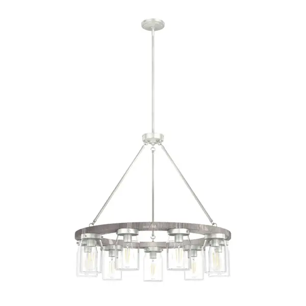 Illuminate your space with this charming chandelier. Reminiscent of a rustic wagon wheel, the Devon Park round chandelier brings farmhouse spaces to life. This round fixture creates a dimensional look with its distressed finishes and clean, ironwork detailing. Complement the chandelier by layering it with other fixtures from the Devon Park ceiling fan and lighting collections to create a cohesive look in your space. Rated for indoor use only Requires 9 E26 bulbs. Bulbs not included. MADE FOR INDOORS: For use in indoor spaces like kitchens, bedrooms, living rooms, dining rooms, and entryways. BULB RECOMMENDATION: Maximum 60 W per light bulb or equivalent LED bulb. Bulbs not included. PICTURED HERE: Match our image using ST64 Edison light bulbs. CUSTOMIZABLE HANGING OPTIONS: With the minimum required downrod, the hanging length is 37.5 inches. When using all of the included downrod, the maximum hanging length is 85.5 inches. COORDINATING COLLECTION: Works with Devon Park ceiling fan collection WARRANTY: One-year limited warranty backed by the trusted experts at Hunter. - alternate view
