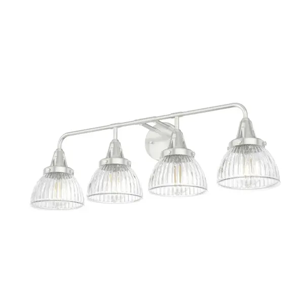 Strong details and an elegant twist. The Cypress Grove vanity light pairs industrial form with intricate fluted glass to create something unforgettable. This indoor damp-rated fixture makes a statement in transitional and modern bathrooms. Carry this industrial theme throughout your space by pairing this vanity light with other fixtures for the Cypress Grove collection. It's all about the shine. Rated for indoor spaces exposed to humidity Requires 4 E26 bulbs. Bulbs not included. Down Mount Only INDOOR-DAMP RATED: For use in indoor spaces exposed to humidity like bathrooms and laundry rooms. BULB RECOMMENDATION: Maximum 60 W per light bulb or equivalent LED bulb. Bulbs not included. PICTURED HERE: Match our image using ST64 Edison light bulbs. WARRANTY: One-year limited warranty backed by the trusted experts at Hunter. - alternate view