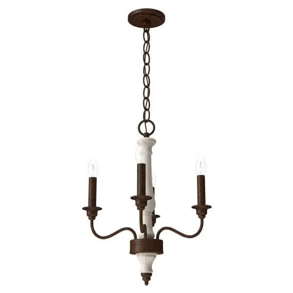 A blend of rustic and refined, the Teren mini chandelier adds casual elegance to your space. Inspired by French country and European interior designs, the Teren boasts richness and warmth with its spindle form and wood-inspired finishes. Whether hung as the main fixture or in multiples, this traditional-style chandelier adds a hint of old-school romance to illuminate simple spaces. Rated for indoor use only Requires 4 E12 bulbs. Bulbs not included. MADE FOR INDOORS: For use in indoor spaces like kitchens, bedrooms, living rooms, dining rooms, and entryways. BULB RECOMMENDATION: Maximum 60 W per light bulb or equivalent LED bulb. Bulbs not included. PICTURED HERE: Match our image using B10 Candle light bulbs. CUSTOMIZABLE HANGING OPTIONS: With the minimum required chain, the hanging length is 19.5 inches. When using all of the included chain, the maximum hanging length is 90.5 inches. WARRANTY: One-year limited warranty backed by the trusted experts at Hunter.