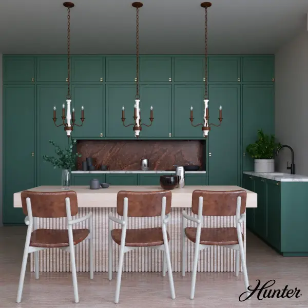 A blend of rustic and refined, the Teren mini chandelier adds casual elegance to your space. Inspired by French country and European interior designs, the Teren boasts richness and warmth with its spindle form and wood-inspired finishes. Whether hung as the main fixture or in multiples, this traditional-style chandelier adds a hint of old-school romance to illuminate simple spaces. Rated for indoor use only Requires 4 E12 bulbs. Bulbs not included. MADE FOR INDOORS: For use in indoor spaces like kitchens, bedrooms, living rooms, dining rooms, and entryways. BULB RECOMMENDATION: Maximum 60 W per light bulb or equivalent LED bulb. Bulbs not included. PICTURED HERE: Match our image using B10 Candle light bulbs. CUSTOMIZABLE HANGING OPTIONS: With the minimum required chain, the hanging length is 19.5 inches. When using all of the included chain, the maximum hanging length is 90.5 inches. WARRANTY: One-year limited warranty backed by the trusted experts at Hunter. - alternate view