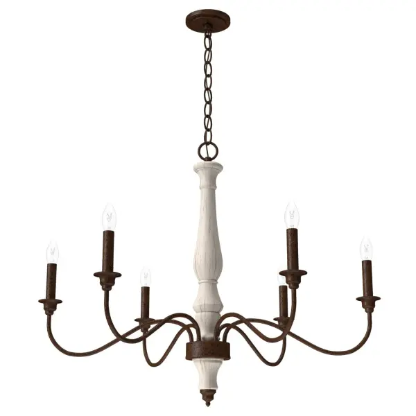 Bring the ambiance of sunny Provence to your home. The Teren French country inspired chandelier evokes richness and warmth with its spindle form and wood-inspired finishes. Both rustic and refined, this chandelier brings casual elegance to your spaces. Pair it with other fixtures from the Teren collection for a cohesive look in your space. Mix and match with fans from our ceiling fan collections to fully finish your space. Rated for indoor use only Requires 6 E12 bulbs. Bulbs not included. MADE FOR INDOORS: For use in indoor spaces like kitchens, bedrooms, living rooms, dining rooms, and entryways. BULB RECOMMENDATION: Maximum 60 W per light bulb or equivalent LED bulb. Bulbs not included. PICTURED HERE: Match our image using B10 Candle light bulbs. CUSTOMIZABLE HANGING OPTIONS: With the minimum required chain, the hanging length is 25.75 inches. When using all of the included chain, the maximum hanging length is 96.75 inches. WARRANTY: One-year limited warranty backed by the trusted experts at Hunter.