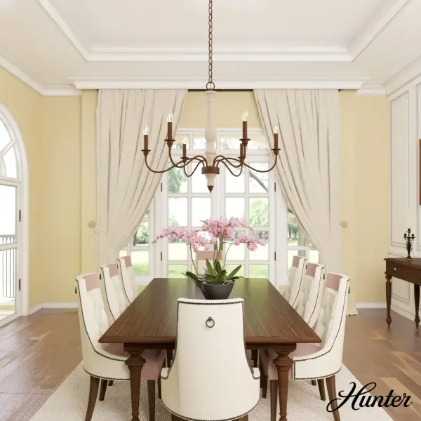 Bring the ambiance of sunny Provence to your home. The Teren French country inspired chandelier evokes richness and warmth with its spindle form and wood-inspired finishes. Both rustic and refined, this chandelier brings casual elegance to your spaces. Pair it with other fixtures from the Teren collection for a cohesive look in your space. Mix and match with fans from our ceiling fan collections to fully finish your space. Rated for indoor use only Requires 6 E12 bulbs. Bulbs not included. MADE FOR INDOORS: For use in indoor spaces like kitchens, bedrooms, living rooms, dining rooms, and entryways. BULB RECOMMENDATION: Maximum 60 W per light bulb or equivalent LED bulb. Bulbs not included. PICTURED HERE: Match our image using B10 Candle light bulbs. CUSTOMIZABLE HANGING OPTIONS: With the minimum required chain, the hanging length is 25.75 inches. When using all of the included chain, the maximum hanging length is 96.75 inches. WARRANTY: One-year limited warranty backed by the trusted experts at Hunter. - alternate view