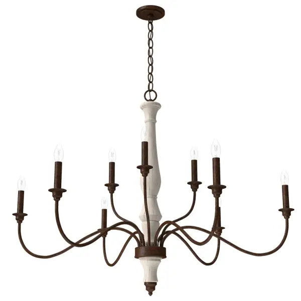 Dramatic without being overdone. The Teren French country inspired tiered chandelier layers illumination and a rustic yet refined design. Bring casual elegance to your space with its distressed, wood-inspired finishes and spindle chandelier form. Design a room for your romantic side with the Teren multi-light chandelier. Mix and match with fans from our ceiling fan collections to fully finish your space. Rated for indoor use only Requires 9 E12 bulbs. Bulbs not included. MADE FOR INDOORS: For use in indoor spaces like kitchens, bedrooms, living rooms, dining rooms, and entryways. BULB RECOMMENDATION: Maximum 60 W per light bulb or equivalent LED bulb. Bulbs not included. PICTURED HERE: Match our image using B10 Candle light bulbs. CUSTOMIZABLE HANGING OPTIONS: With the minimum required chain, the hanging length is 31 inches. When using all of the included chain, the maximum hanging length is 102 inches. WARRANTY: One-year limited warranty backed by the trusted experts at Hunter.