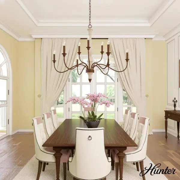 Dramatic without being overdone. The Teren French country inspired tiered chandelier layers illumination and a rustic yet refined design. Bring casual elegance to your space with its distressed, wood-inspired finishes and spindle chandelier form. Design a room for your romantic side with the Teren multi-light chandelier. Mix and match with fans from our ceiling fan collections to fully finish your space. Rated for indoor use only Requires 9 E12 bulbs. Bulbs not included. MADE FOR INDOORS: For use in indoor spaces like kitchens, bedrooms, living rooms, dining rooms, and entryways. BULB RECOMMENDATION: Maximum 60 W per light bulb or equivalent LED bulb. Bulbs not included. PICTURED HERE: Match our image using B10 Candle light bulbs. CUSTOMIZABLE HANGING OPTIONS: With the minimum required chain, the hanging length is 31 inches. When using all of the included chain, the maximum hanging length is 102 inches. WARRANTY: One-year limited warranty backed by the trusted experts at Hunter. - alternate view