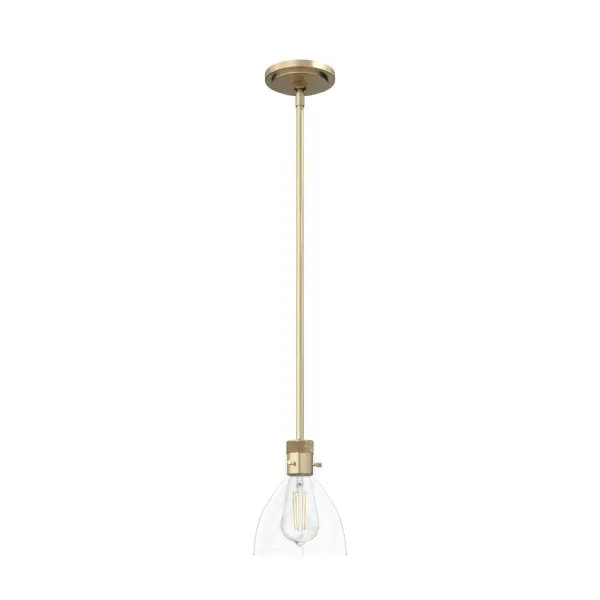 The Van Nuys mini pendant combines retro aesthetics with industrial details in a compact 6-inch design. Its Alturas Gold finish and clear glass shade create warm, inviting illumination perfect for intimate spaces.