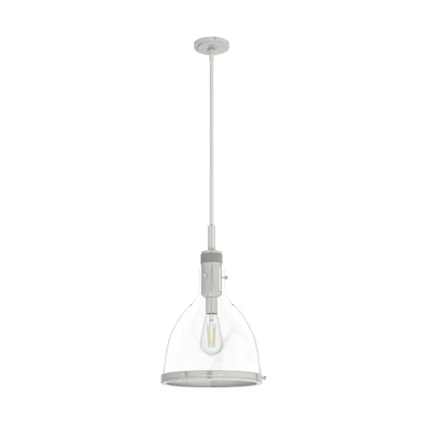 Industrial meets luxe with the Van Nuys modern pendant light. The metallic finishes add a glamorous look to the modern industrial knurling and thumb screw detailing. A pendant light with a clear glass shade like the Van Nuys calls for the warm glow of a vintage-style, filament light bulb. Pair this modern pendant light with other fixtures from the Van Nuys collection for a cohesive look in your space. Rated for indoor use only Requires 1 E26 bulbs. Bulbs not included. TRANSITIONAL: Light, relaxed, elegant. Includes 4 12 inch stems and one 6 inch stem. MADE FOR INDOORS: For use in indoor spaces like kitchens, bedrooms, living rooms, dining rooms, and entryways. BULB RECOMMENDATION: Maximum 60 W per light bulb or equivalent LED bulb. Bulbs not included. PICTURED HERE: Match our image using ST64 Edison light bulbs. CUSTOMIZABLE HANGING OPTIONS: With the minimum required downrod, the hanging length is 30 inches. When using all of the included downrod, the maximum hanging length is 78 inches. WARRANTY: One-year limited warranty backed by the trusted experts at Hunter.
