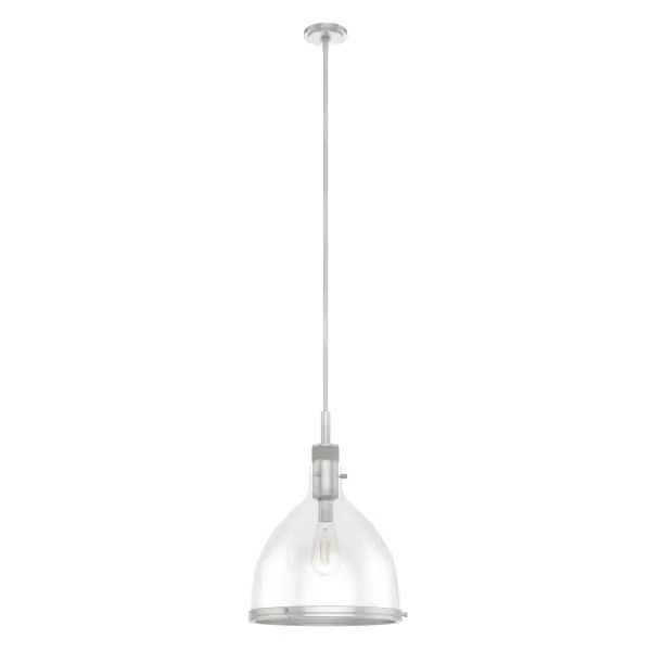 Simple and versatile, the Van Nuys pendant light is at home in a variety of style spaces, from modern industrial to glam. Subtle detailing like the knurling and thumb screws make a big impact with the large, clear glass shade and metallic finishes. Create a cohesive look in your home by pairing this modern pendant light with other fixtures from the Van Nuys collection. Rated for indoor use only Requires 1 E26 bulbs. Bulbs not included. TRANSITIONAL: Light, relaxed, elegant. Includes 4 12 inch stems and one 6 inch stem. MADE FOR INDOORS: For use in indoor spaces like kitchens, bedrooms, living rooms, dining rooms, and entryways. BULB RECOMMENDATION: Maximum 60 W per light bulb or equivalent LED bulb. Bulbs not included. TRANSITIONAL: The transitional style celebrates natural light and a relaxed feel with smooth, blending details that create warm yet modern spaces with the best of both worlds; elegant, minimal and adaptable. PICTURED HERE: Match our image using ST64 Edison light bulbs. CUSTOMIZABLE HANGING OPTIONS: With the minimum required downrod, the hanging length is 31.25 inches. When using all of the included downrod, the maximum hanging length is 79.25 inches. WARRANTY: One-year limited warranty backed by the trusted experts at Hunter. - alternate view