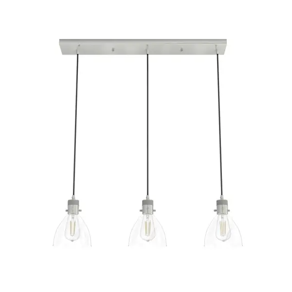 The Van Nuys brings vintage industrial charm with three Edison-style lights in a sleek linear arrangement. Its brushed nickel finish and clear glass shades create a refined yet casual aesthetic that works beautifully over kitchen islands and dining tables.