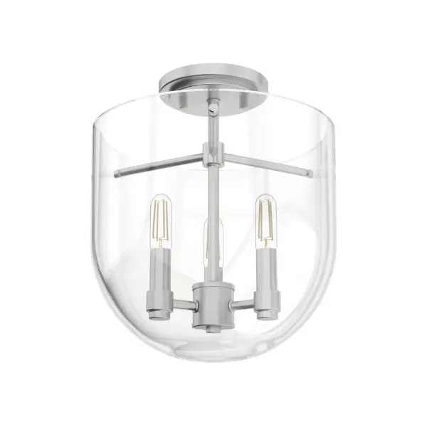 The Sacha semi-flush mount combines traditional cathedral-inspired design with modern clean lines. Its bell-shaped clear glass and black iron finish create a sophisticated focal point ideal for spaces with limited ceiling height.
