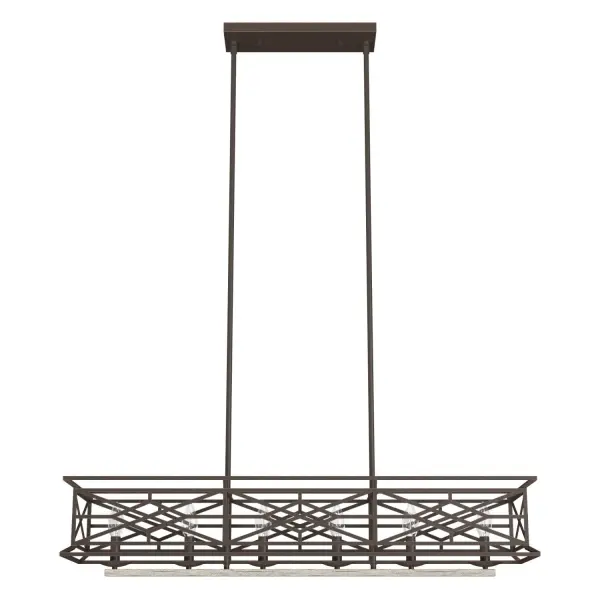 Vintage design meets modern materials. The Langwood linear chandelier is a showstopper, with its latticework frame and intricate welding. It draws inspiration from Chippendale furniture and Rococo designs. Create a cohesive look in your space by pairing this chandelier with other fixtures from the Langwood collection. Mix and match with fans from our ceiling fan collections to fully finish your space. Rated for indoor use only Requires 6 E12 bulbs. Bulbs not included. MADE FOR INDOORS: For use in indoor spaces like kitchens, bedrooms, living rooms, dining rooms, and entryways. BULB RECOMMENDATION: Maximum 60 W per light bulb or equivalent LED bulb. Bulbs not included. PICTURED HERE: Match our image using B10 Candle light bulbs. CUSTOMIZABLE HANGING OPTIONS: With the minimum required downrod, the hanging length is 14.5 inches. When using all of the included downrod, the maximum hanging length is 62.5 inches. WARRANTY: One-year limited warranty backed by the trusted experts at Hunter.