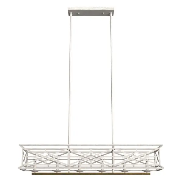 Vintage design meets modern materials. The Langwood linear chandelier is a showstopper, with its latticework frame and intricate welding. It draws inspiration from Chippendale furniture and Rococo designs. Create a cohesive look in your space by pairing this chandelier with other fixtures from the Langwood collection. Mix and match with fans from our ceiling fan collections to fully finish your space. Rated for indoor use only Requires 6 E12 bulbs. Bulbs not included. MADE FOR INDOORS: For use in indoor spaces like kitchens, bedrooms, living rooms, dining rooms, and entryways. BULB RECOMMENDATION: Maximum 60 W per light bulb or equivalent LED bulb. Bulbs not included. PICTURED HERE: Match our image using B10 Candle light bulbs. CUSTOMIZABLE HANGING OPTIONS: With the minimum required downrod, the hanging length is 14.5 inches. When using all of the included downrod, the maximum hanging length is 62.5 inches. WARRANTY: One-year limited warranty backed by the trusted experts at Hunter. - alternate view