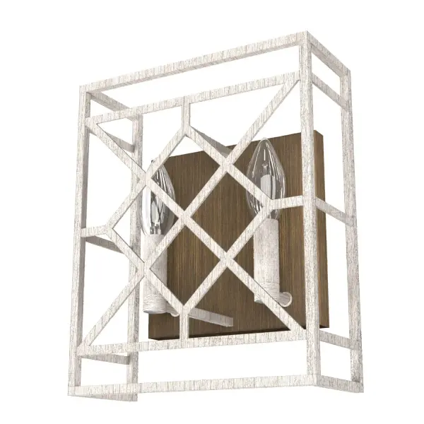 Intricate and engaging. The Langwood wall sconce keeps the eye moving with its detailed latticework juxtaposed with clean lines. This indoor damp-rated light fixture is the perfect addition to traditional and farmhouse bathrooms alike. Create a cohesive look in your home by pairing this wall sconce with other light fixtures from the Langwood collection. Mix and match with fans from our ceiling fan collections to fully finish your space. Rated for indoor spaces exposed to humidity Requires 2 E12 bulbs. Bulbs not included. Up Mount Only INDOOR-DAMP RATED: For use in indoor spaces exposed to humidity like bathrooms and laundry rooms. BULB RECOMMENDATION: Maximum 60 W per light bulb or equivalent LED bulb. Bulbs not included. PICTURED HERE: Match our image using B10 Candle light bulbs. WARRANTY: One-year limited warranty backed by the trusted experts at Hunter.