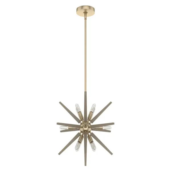 Wishes do come true! The Jupiter Star pendant is the answer to your cravings for a light that wows. The starburst light made with wood-inspired material is a stunning fixture with a mid-century vibe. This fixture will be the "star" of any room and keep the conversation flowing about your impeccable taste. Add more pieces from this collection to project celestial beauty throughout your home. Rated for indoor use only Requires 12 E12 bulbs. Bulbs not included. MADE FOR INDOORS: For use in indoor spaces like kitchens, bedrooms, living rooms, dining rooms, and entryways. BULB RECOMMENDATION: Maximum W per light bulb or equivalent LED bulb. Bulbs not included. PICTURED HERE: Match our image using T6 Tubular light bulbs. CUSTOMIZABLE HANGING OPTIONS: With the minimum required downrod, the hanging length is 28 inches. When using all of the included downrod, the maximum hanging length is 76 inches. WARRANTY: One-year limited warranty backed by the trusted experts at Hunter.