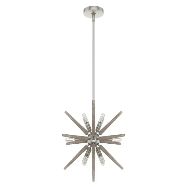 Wishes do come true! The Jupiter Star pendant is the answer to your cravings for a light that wows. The starburst light made with wood-inspired material is a stunning fixture with a mid-century vibe. This fixture will be the "star" of any room and keep the conversation flowing about your impeccable taste. Add more pieces from this collection to project celestial beauty throughout your home. Rated for indoor use only Requires 12 E12 bulbs. Bulbs not included. MADE FOR INDOORS: For use in indoor spaces like kitchens, bedrooms, living rooms, dining rooms, and entryways. BULB RECOMMENDATION: Maximum W per light bulb or equivalent LED bulb. Bulbs not included. PICTURED HERE: Match our image using T6 Tubular light bulbs. CUSTOMIZABLE HANGING OPTIONS: With the minimum required downrod, the hanging length is 28 inches. When using all of the included downrod, the maximum hanging length is 76 inches. WARRANTY: One-year limited warranty backed by the trusted experts at Hunter.