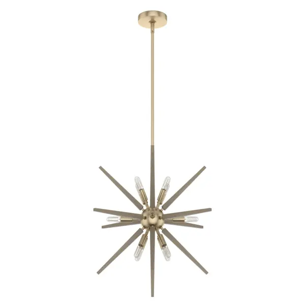 Your style is unique, and you can give it an ethereal glow with the Jupiter Star pendant light fixture. This starburst light combines metal and wood-inspired details that are a nod to mid-century design but are a perfect fit for whatever your style of the moment happens to be. Add more pieces from this collection to project celestial beauty throughout your home. Rated for indoor use only Requires 12 E12 bulbs. Bulbs not included. MADE FOR INDOORS: For use in indoor spaces like kitchens, bedrooms, living rooms, dining rooms, and entryways. BULB RECOMMENDATION: Maximum W per light bulb or equivalent LED bulb. Bulbs not included. PICTURED HERE: Match our image using T6 Tubular light bulbs. CUSTOMIZABLE HANGING OPTIONS: With the minimum required downrod, the hanging length is 33.5 inches. When using all of the included downrod, the maximum hanging length is 81.5 inches. WARRANTY: One-year limited warranty backed by the trusted experts at Hunter.