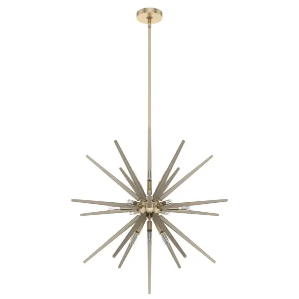 Grand spaces call for divine style. High ceilings need a light that draws the eye, and the Jupiter Star will bring magnificence to your space! The Starburst pendant with a mix of metal and wood-inspired detailing has a mid-century flair that takes your design out of this world. The Jupiter star collection has more fixtures to project celestial beauty into your space. Rated for indoor use only Requires 18 E12 bulbs. Bulbs not included. MADE FOR INDOORS: For use in indoor spaces like kitchens, bedrooms, living rooms, dining rooms, and entryways. BULB RECOMMENDATION: Maximum W per light bulb or equivalent LED bulb. Bulbs not included. PICTURED HERE: Match our image using T6 Tubular light bulbs. CUSTOMIZABLE HANGING OPTIONS: With the minimum required downrod, the hanging length is 39.25 inches. When using all of the included downrod, the maximum hanging length is 87.25 inches. WARRANTY: One-year limited warranty backed by the trusted experts at Hunter.