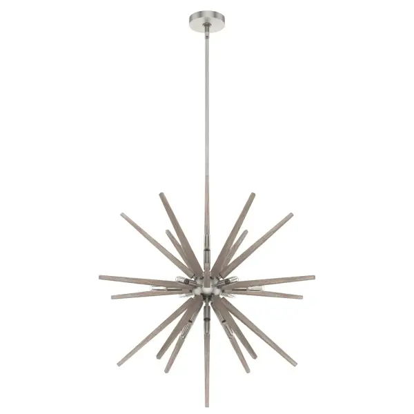 Grand spaces call for divine style. High ceilings need a light that draws the eye, and the Jupiter Star will bring magnificence to your space! The Starburst pendant with a mix of metal and wood-inspired detailing has a mid-century flair that takes your design out of this world. The Jupiter star collection has more fixtures to project celestial beauty into your space. Rated for indoor use only Requires 18 E12 bulbs. Bulbs not included. MADE FOR INDOORS: For use in indoor spaces like kitchens, bedrooms, living rooms, dining rooms, and entryways. BULB RECOMMENDATION: Maximum W per light bulb or equivalent LED bulb. Bulbs not included. PICTURED HERE: Match our image using T6 Tubular light bulbs. CUSTOMIZABLE HANGING OPTIONS: With the minimum required downrod, the hanging length is 39.25 inches. When using all of the included downrod, the maximum hanging length is 87.25 inches. WARRANTY: One-year limited warranty backed by the trusted experts at Hunter.