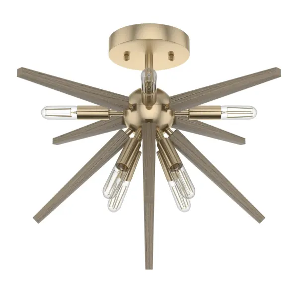 The Jupiter Star flush mount is a convenient and versatile light. This fixture will skyrocket the style of any space with its mid-century vibes. From your hallway to your bedrooms, Jupiter Star can add astral design magic to your space. Mix and match the Jupiter star collection to project celestial beauty into your space. Visit our ceiling fan collections to find the right fit for your spaces that need to be cooler. Rated for indoor use only Requires 8 E12 bulbs. Bulbs not included. MADE FOR INDOORS: For use in indoor spaces like kitchens, bedrooms, living rooms, dining rooms, and entryways. BULB RECOMMENDATION: Maximum W per light bulb or equivalent LED bulb. Bulbs not included. PICTURED HERE: Match our image using T6 Tubular light bulbs. FOR LOW CEILINGS: Fits close to the ceiling to optimize headspace and provide stylish lighting. WARRANTY: One-year limited warranty backed by the trusted experts at Hunter.