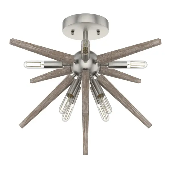 The Jupiter Star flush mount is a convenient and versatile light. This fixture will skyrocket the style of any space with its mid-century vibes. From your hallway to your bedrooms, Jupiter Star can add astral design magic to your space. Mix and match the Jupiter star collection to project celestial beauty into your space. Visit our ceiling fan collections to find the right fit for your spaces that need to be cooler. Rated for indoor use only Requires 8 E12 bulbs. Bulbs not included. MADE FOR INDOORS: For use in indoor spaces like kitchens, bedrooms, living rooms, dining rooms, and entryways. BULB RECOMMENDATION: Maximum W per light bulb or equivalent LED bulb. Bulbs not included. PICTURED HERE: Match our image using T6 Tubular light bulbs. FOR LOW CEILINGS: Fits close to the ceiling to optimize headspace and provide stylish lighting. WARRANTY: One-year limited warranty backed by the trusted experts at Hunter.