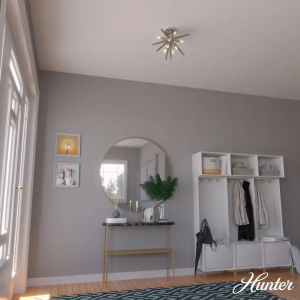The Jupiter Star flush mount is a convenient and versatile light. This fixture will skyrocket the style of any space with its mid-century vibes. From your hallway to your bedrooms, Jupiter Star can add astral design magic to your space. Mix and match the Jupiter star collection to project celestial beauty into your space. Visit our ceiling fan collections to find the right fit for your spaces that need to be cooler. Rated for indoor use only Requires 8 E12 bulbs. Bulbs not included. MADE FOR INDOORS: For use in indoor spaces like kitchens, bedrooms, living rooms, dining rooms, and entryways. BULB RECOMMENDATION: Maximum W per light bulb or equivalent LED bulb. Bulbs not included. PICTURED HERE: Match our image using T6 Tubular light bulbs. FOR LOW CEILINGS: Fits close to the ceiling to optimize headspace and provide stylish lighting. WARRANTY: One-year limited warranty backed by the trusted experts at Hunter. - alternate view