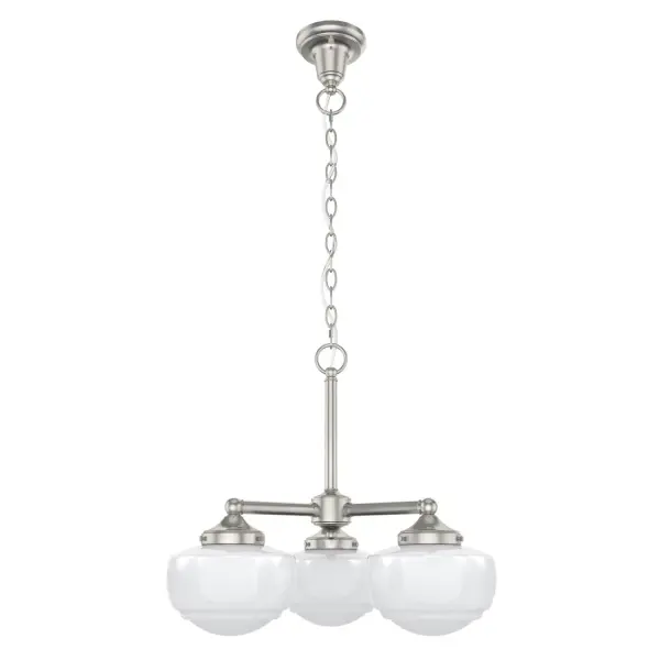 Traditional design meets schoolhouse style. Inspired by the iconic American schoolhouse light, our Saddle Creek convertible chandelier features a trio of glass-globed shades designed to delight from any height. Choice of finish and cased white or clear seeded glass lets you tailor this lighting fixture to your taste and existing decor. Mix and match with other fixtures from this collection or from our ceiling fan designs. Rated for indoor use only Requires 3 E26 bulbs. Bulbs not included. CONVERTIBLE: This veratile pendant easily converts to a semi-flush or flush mount for your changing d&amp;eacute:cor needs. MADE FOR INDOORS: For use in indoor spaces like kitchens, bedrooms, living rooms, dining rooms, and entryways. BULB RECOMMENDATION: Maximum 60 W per light bulb or equivalent LED bulb. Bulbs not included. CUSTOMIZABLE HANGING OPTIONS: With the minimum required chain, the hanging length is 24.25 inches. When using all of the included chain, the maximum hanging length is 97.5 inches. WARRANTY: One-year limited warranty backed by the trusted experts at Hunter.