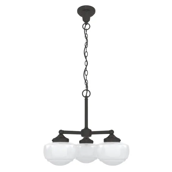 Traditional design meets schoolhouse style. Inspired by the iconic American schoolhouse light, our Saddle Creek convertible chandelier features a trio of glass-globed shades designed to delight from any height. Choice of finish and cased white or clear seeded glass lets you tailor this lighting fixture to your taste and existing decor. Mix and match with other fixtures from this collection or from our ceiling fan designs. Rated for indoor use only Requires 3 E26 bulbs. Bulbs not included. CONVERTIBLE: This veratile pendant easily converts to a semi-flush or flush mount for your changing d&amp;eacute:cor needs. MADE FOR INDOORS: For use in indoor spaces like kitchens, bedrooms, living rooms, dining rooms, and entryways. BULB RECOMMENDATION: Maximum 60 W per light bulb or equivalent LED bulb. Bulbs not included. CUSTOMIZABLE HANGING OPTIONS: With the minimum required chain, the hanging length is 24.25 inches. When using all of the included chain, the maximum hanging length is 97.5 inches. WARRANTY: One-year limited warranty backed by the trusted experts at Hunter.