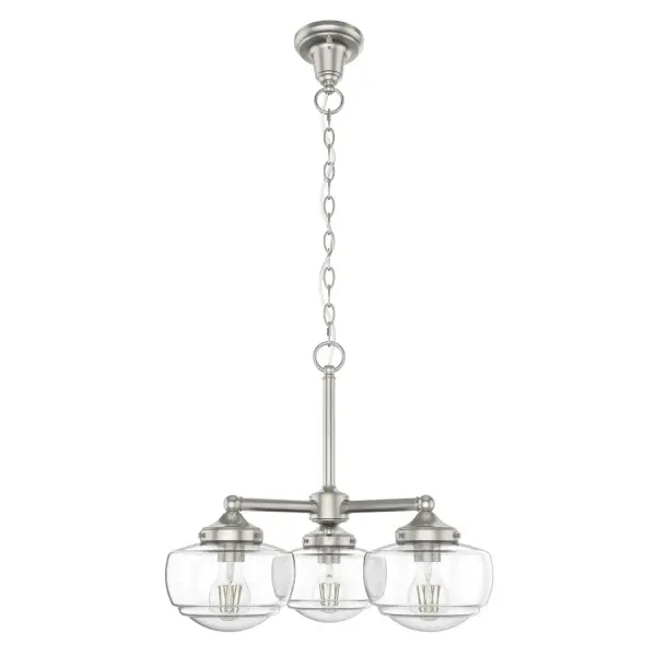 Traditional design meets schoolhouse style. Inspired by the iconic American schoolhouse light, our Saddle Creek convertible chandelier features a trio of glass-globed shades designed to delight from any height. Choice of finish and cased white or clear seeded glass lets you tailor this lighting fixture to your taste and existing decor. Mix and match with other fixtures from this collection or from our ceiling fan designs. Rated for indoor use only Requires 3 E26 bulbs. Bulbs not included. CONVERTIBLE: This veratile pendant easily converts to a semi-flush or flush mount for your changing d&amp;eacute:cor needs. MADE FOR INDOORS: For use in indoor spaces like kitchens, bedrooms, living rooms, dining rooms, and entryways. BULB RECOMMENDATION: Maximum 60 W per light bulb or equivalent LED bulb. Bulbs not included. PICTURED HERE: Match our image using A19 Standard light bulbs. CUSTOMIZABLE HANGING OPTIONS: With the minimum required chain, the hanging length is 24.25 inches. When using all of the included chain, the maximum hanging length is 97.5 inches. WARRANTY: One-year limited warranty backed by the trusted experts at Hunter.