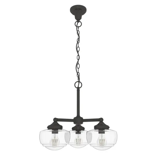 Traditional design meets schoolhouse style. Inspired by the iconic American schoolhouse light, our Saddle Creek convertible chandelier features a trio of glass-globed shades designed to delight from any height. Choice of finish and cased white or clear seeded glass lets you tailor this lighting fixture to your taste and existing decor. Mix and match with other fixtures from this collection or from our ceiling fan designs. Rated for indoor use only Requires 3 E26 bulbs. Bulbs not included. CONVERTIBLE: This veratile pendant easily converts to a semi-flush or flush mount for your changing d&amp;eacute:cor needs. MADE FOR INDOORS: For use in indoor spaces like kitchens, bedrooms, living rooms, dining rooms, and entryways. BULB RECOMMENDATION: Maximum 60 W per light bulb or equivalent LED bulb. Bulbs not included. PICTURED HERE: Match our image using A19 Standard light bulbs. CUSTOMIZABLE HANGING OPTIONS: With the minimum required chain, the hanging length is 24.25 inches. When using all of the included chain, the maximum hanging length is 97.5 inches. WARRANTY: One-year limited warranty backed by the trusted experts at Hunter. - alternate view