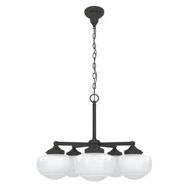 The Saddle Creek chandelier illustrates the contemporary design principle of better, not more. Five classic glass globes—available in cased white or clear seeded glass—are offset by the simplicity of the chandelier's metal finish. In keeping with traditional schoolhouse style, a decorative ceiling canopy elevates this fixture to the head of the class. Mix and match with other fixtures from this collection or from our ceiling fan designs. Rated for indoor use only Requires 5 E26 bulbs. Bulbs not included. MADE FOR INDOORS: For use in indoor spaces like kitchens, bedrooms, living rooms, dining rooms, and entryways. BULB RECOMMENDATION: Maximum 60 W per light bulb or equivalent LED bulb. Bulbs not included. CUSTOMIZABLE HANGING OPTIONS: With the minimum required chain, the hanging length is 24.25 inches. When using all of the included chain, the maximum hanging length is 97.5 inches. WARRANTY: One-year limited warranty backed by the trusted experts at Hunter.