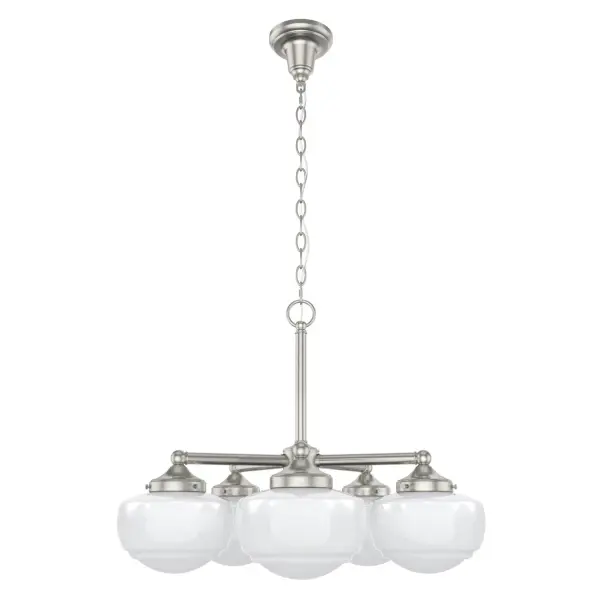 The Saddle Creek chandelier illustrates the contemporary design principle of better, not more. Five classic glass globes—available in cased white or clear seeded glass—are offset by the simplicity of the chandelier's metal finish. In keeping with traditional schoolhouse style, a decorative ceiling canopy elevates this fixture to the head of the class. Mix and match with other fixtures from this collection or from our ceiling fan designs. Rated for indoor use only Requires 5 E26 bulbs. Bulbs not included. MADE FOR INDOORS: For use in indoor spaces like kitchens, bedrooms, living rooms, dining rooms, and entryways. BULB RECOMMENDATION: Maximum 60 W per light bulb or equivalent LED bulb. Bulbs not included. CUSTOMIZABLE HANGING OPTIONS: With the minimum required chain, the hanging length is 24.25 inches. When using all of the included chain, the maximum hanging length is 97.5 inches. WARRANTY: One-year limited warranty backed by the trusted experts at Hunter. - alternate view