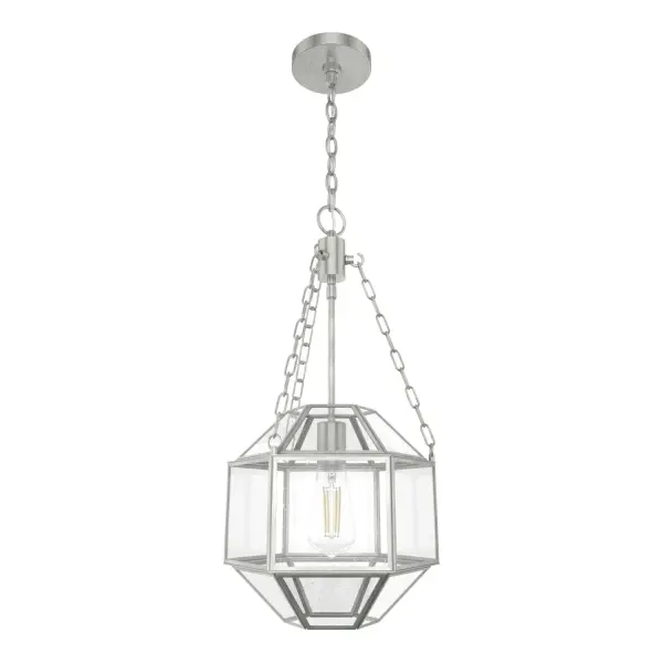 A small pendant with big 'wow' factor. Crisp finishes and seeded glass come together to make an impact with the Indria glass pendant light. This multi-faceted fixture brings unique lighting to all the spaces you love. The Indria's distinctive design pops in traditional and modern spaces alike. Layer this look with other pendants from the Indria Collection. Mix and match with fans from our ceiling fan collections to fully finish your space. Rated for indoor use only Requires 1 E26 bulbs. Bulbs not included. MADE FOR INDOORS: For use in indoor spaces like kitchens, bedrooms, living rooms, dining rooms, and entryways. BULB RECOMMENDATION: Maximum 60 W per light bulb or equivalent LED bulb. Bulbs not included. PICTURED HERE: Match our image using ST64 Edison light bulbs. CUSTOMIZABLE HANGING OPTIONS: With the minimum required chain, the hanging length is 26.75 inches. When using all of the included chain, the maximum hanging length is 94.5 inches. WARRANTY: One-year limited warranty backed by the trusted experts at Hunter.