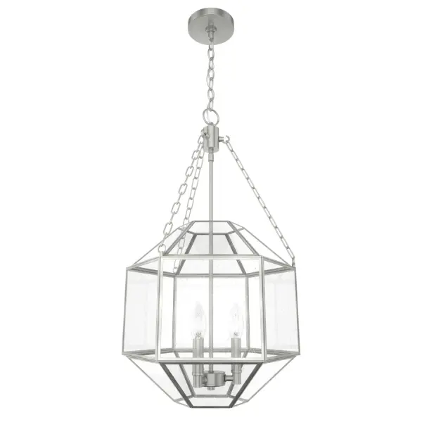 A design that makes light seemingly dance. The Indria glass pendant light features a faceted, geometric design that reflects light in a unique way. It makes a statement in modern or traditional spaces alike. Pair this one-of-a-kind pendant lighting design with other fixtures from the Indria Collection for a cohesive and impactful look throughout your home. Mix and match with fans from our ceiling fan collections to fully finish your space. Rated for indoor use only Requires 3 E26 bulbs. Bulbs not included. MADE FOR INDOORS: For use in indoor spaces like kitchens, bedrooms, living rooms, dining rooms, and entryways. BULB RECOMMENDATION: Maximum 60 W per light bulb or equivalent LED bulb. Bulbs not included. PICTURED HERE: Match our image using B10 Candle light bulbs. CUSTOMIZABLE HANGING OPTIONS: With the minimum required chain, the hanging length is 28 inches. When using all of the included chain, the maximum hanging length is 99 inches. WARRANTY: One-year limited warranty backed by the trusted experts at Hunter. - alternate view