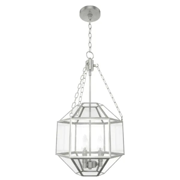 Lighting with maximum impact. A voluminous glass pendant light like the Indria reflects light and creates a beautiful shining effect in any space. The geometric silhouette, hexagonal glass panels, and clean finishes make it a head-turner in traditional and casual spaces. Create a look of your own by pairing this large pendant light with others from the Indria Collection or mix and match with a ceiling fan to cool off your space. Rated for indoor use only Requires 3 E26 bulbs. Bulbs not included. MADE FOR INDOORS: For use in indoor spaces like kitchens, bedrooms, living rooms, dining rooms, and entryways. BULB RECOMMENDATION: Maximum 60 W per light bulb or equivalent LED bulb. Bulbs not included. PICTURED HERE: Match our image using B10 Candle light bulbs. CUSTOMIZABLE HANGING OPTIONS: With the minimum required chain, the hanging length is 30.25 inches. When using all of the included chain, the maximum hanging length is 101.25 inches. WARRANTY: One-year limited warranty backed by the trusted experts at Hunter.