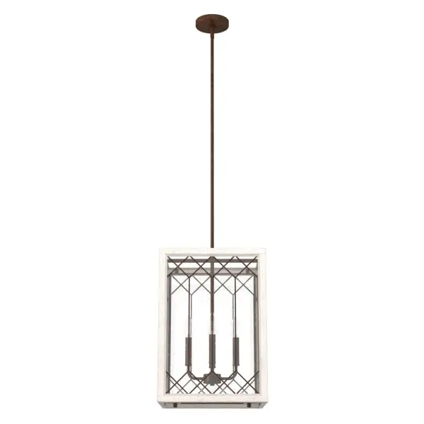 Create a cozy atmosphere with the Chevron 4 light lantern. The craftsman style of this fixture features metal and glass with a lattice design that gives a cottage feel. The geometric lines and make this a conversation piece to hang in your entryway or kitchen to update your casual traditional style. The Chevron collection is a charming addition to your space. Rated for indoor use only Requires 4 E12 bulbs. Bulbs not included. MADE FOR INDOORS: For use in indoor spaces like kitchens, bedrooms, living rooms, dining rooms, and entryways. BULB RECOMMENDATION: Maximum 60 W per light bulb or equivalent LED bulb. Bulbs not included. PICTURED HERE: Match our image using B10 Candle light bulbs. CUSTOMIZABLE HANGING OPTIONS: With the minimum required downrod, the hanging length is 25.5 inches. When using all of the included downrod, the maximum hanging length is 77.5 inches. WARRANTY: One-year limited warranty backed by the trusted experts at Hunter.