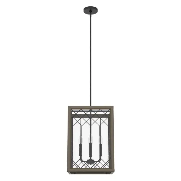 Create a cozy atmosphere with the Chevron 4 light lantern. The craftsman style of this fixture features metal and glass with a lattice design that gives a cottage feel. The geometric lines and make this a conversation piece to hang in your entryway or kitchen to update your casual traditional style. The Chevron collection is a charming addition to your space. Rated for indoor use only Requires 4 E12 bulbs. Bulbs not included. MADE FOR INDOORS: For use in indoor spaces like kitchens, bedrooms, living rooms, dining rooms, and entryways. BULB RECOMMENDATION: Maximum 60 W per light bulb or equivalent LED bulb. Bulbs not included. PICTURED HERE: Match our image using B10 Candle light bulbs. CUSTOMIZABLE HANGING OPTIONS: With the minimum required downrod, the hanging length is 25.5 inches. When using all of the included downrod, the maximum hanging length is 77.5 inches. WARRANTY: One-year limited warranty backed by the trusted experts at Hunter. - alternate view