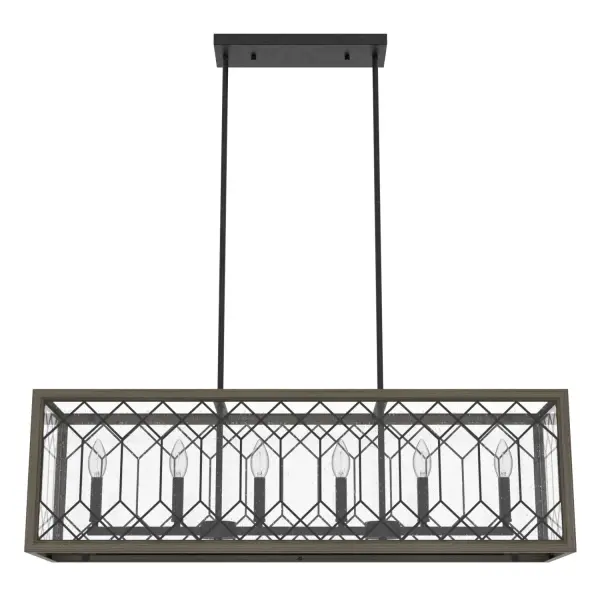 Gather around the table under the warm light of the Chevron 6 light linear chandelier. This fixture invites everyone to relax and settle in under its beguiling glow. The metal and glass create a lovely lattice design, and the wood-inspired frame adds a modern flair. The Chevron collection brings a cozy atmosphere to your space. Rated for indoor use only Requires 6 E12 bulbs. Bulbs not included. MADE FOR INDOORS: For use in indoor spaces like kitchens, bedrooms, living rooms, dining rooms, and entryways. BULB RECOMMENDATION: Maximum 60 W per light bulb or equivalent LED bulb. Bulbs not included. PICTURED HERE: Match our image using B10 Candle light bulbs. CUSTOMIZABLE HANGING OPTIONS: With the minimum required downrod, the hanging length is 19.25 inches. When using all of the included downrod, the maximum hanging length is 67.25 inches. WARRANTY: One-year limited warranty backed by the trusted experts at Hunter.