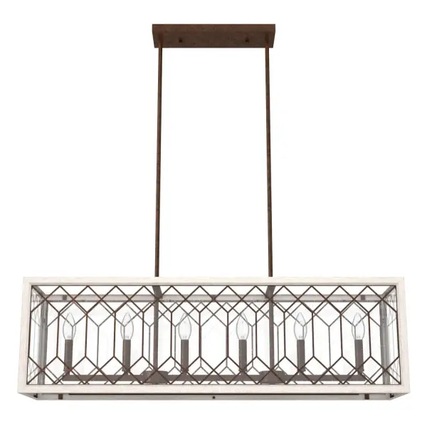 Gather around the table under the warm light of the Chevron 6 light linear chandelier. This fixture invites everyone to relax and settle in under its beguiling glow. The metal and glass create a lovely lattice design, and the wood-inspired frame adds a modern flair. The Chevron collection brings a cozy atmosphere to your space. Rated for indoor use only Requires 6 E12 bulbs. Bulbs not included. MADE FOR INDOORS: For use in indoor spaces like kitchens, bedrooms, living rooms, dining rooms, and entryways. BULB RECOMMENDATION: Maximum 60 W per light bulb or equivalent LED bulb. Bulbs not included. PICTURED HERE: Match our image using B10 Candle light bulbs. CUSTOMIZABLE HANGING OPTIONS: With the minimum required downrod, the hanging length is 19.25 inches. When using all of the included downrod, the maximum hanging length is 67.25 inches. WARRANTY: One-year limited warranty backed by the trusted experts at Hunter. - alternate view