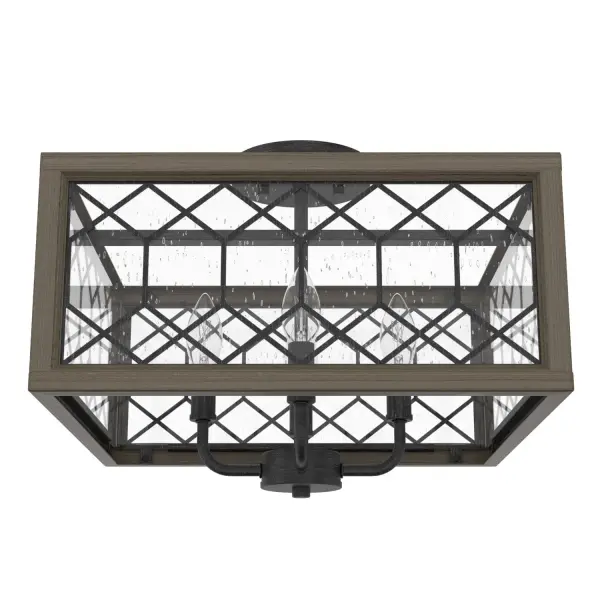 The Chevron semi-flush mount light brings a modern feel to the classic elegance of harmonious design. Its wood-inspired frame with glass and metal lattice detailing adds a hint of coziness to the traditional style and creates an inviting atmosphere. The Chevron collection is a charming addition to your space. Mix and match with other fixtures from this collection or from our ceiling fan designs. Rated for indoor use only Requires 4 E12 bulbs. Bulbs not included. MADE FOR INDOORS: For use in indoor spaces like kitchens, bedrooms, living rooms, dining rooms, and entryways. BULB RECOMMENDATION: Maximum 60 W per light bulb or equivalent LED bulb. Bulbs not included. PICTURED HERE: Match our image using B10 Candle light bulbs. FOR LOW CEILINGS: Fits close to the ceiling to optimize headspace and provide stylish lighting. WARRANTY: One-year limited warranty backed by the trusted experts at Hunter.